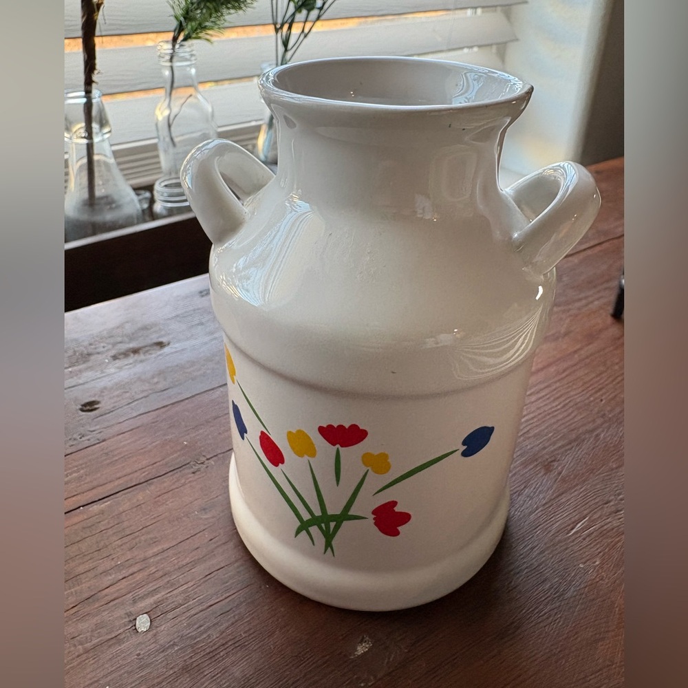 Vintage 80s Ceramic Milk Urn Tulip Flower Pattern Kitchen Decor